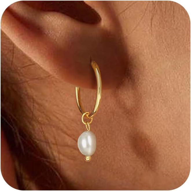 14K Gold Plated Pearl Dangle Earrings for Women, Small Pearl Drop Huggie Hoop Earrings, Hypoallergenic Dainty Gold Wedding Earrings Jewelry Gifts for Women Trendy