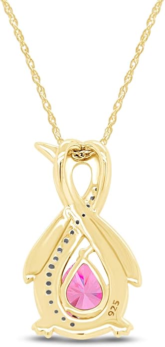 Infinity Penguin Pendant Necklace for Women, 14K Gold Over Sterling Silver with Pear & Round Cut Simulated Birthstone & White Diamond Accents, Dainty Animal Jewelry Gift with 18" Chain