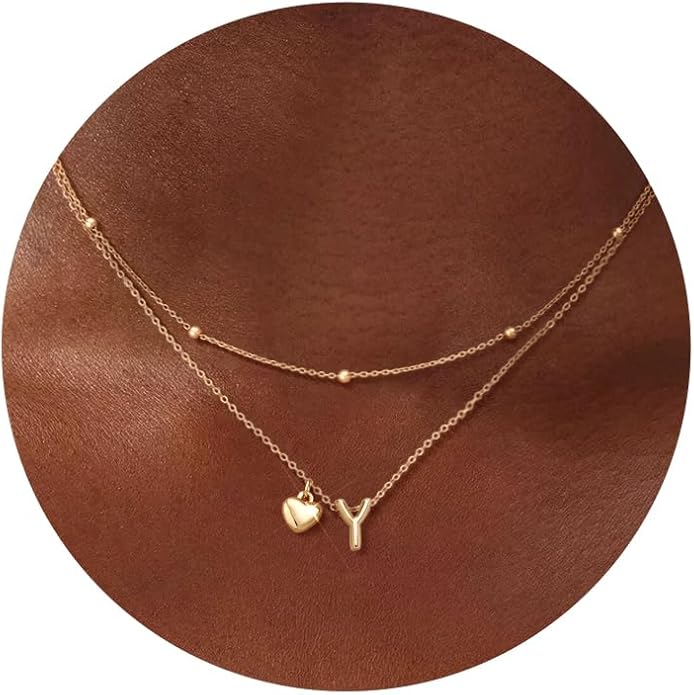 adoyi Gold Necklace for Women Layered Bubble Heart Letter Initial Necklaces for Women Trendy Jewelry 14K Gold Plated Chain Chunky Name Necklace Stack Charm A-Z Pendant Set Jewelry Gifts