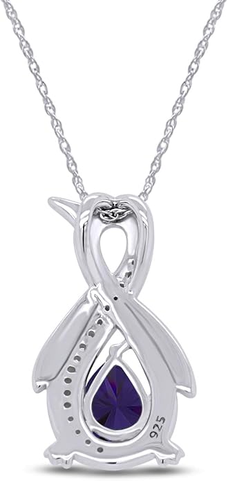 Infinity Penguin Pendant Necklace for Women, 14K Gold Over Sterling Silver with Pear & Round Cut Simulated Birthstone & White Diamond Accents, Dainty Animal Jewelry Gift with 18" Chain