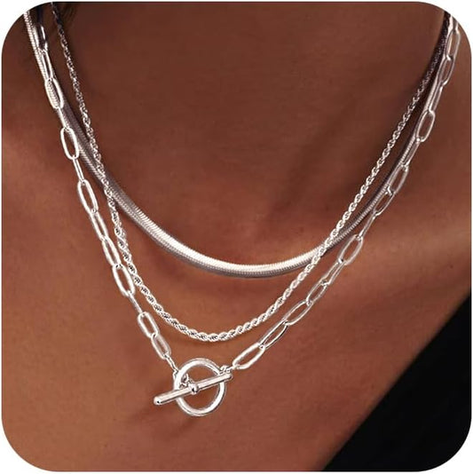 Freekiss Gold Layered Toggle Necklaces for Women: 14K Gold Plated Dainty Link Chain Necklaces Paperclip Cuban Rope Adjustable Choker T-Bar Toggle Clasp Chunky Necklace for Women Trendy Jewelry