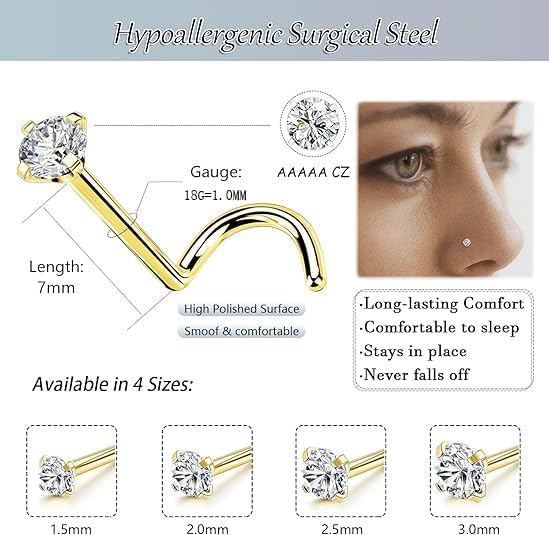 Nose Rings Studs: 8Pcs 20G Gold/Silver 316L Surgical Stainless Steel Nose Studs Hypoallergenic Corkscrew Nose Piercing Stud Jewelry for Women Men Clear Cubic Zirconia Imitation Diamond Top Size 1.5mm 2mm 2.5mm 3mm