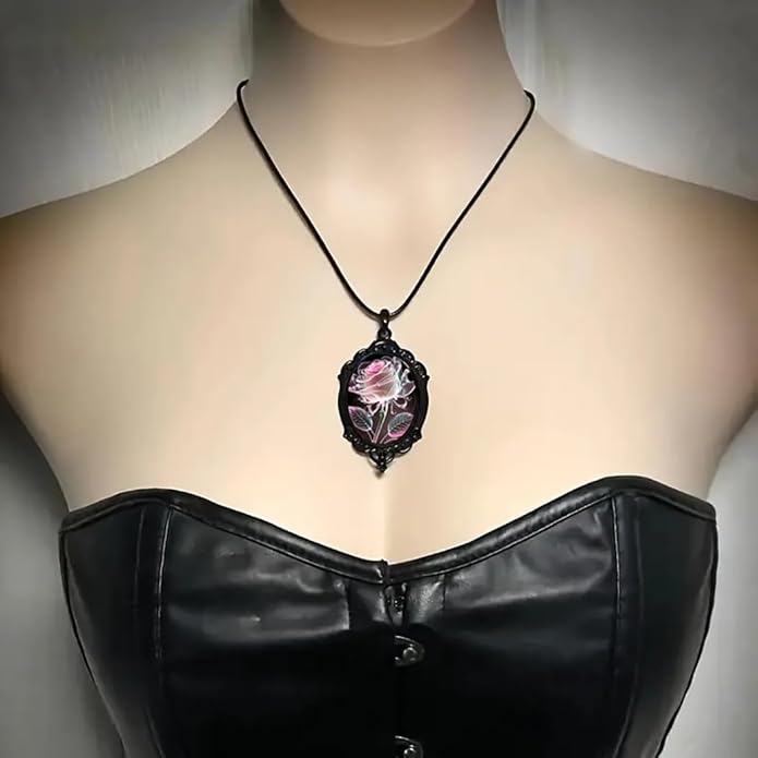 Gothic Rose Glass Necklace for Women Vintage Satan Demon Pendant Halloween Roses Necklaces Dark Punk Style Necklace Victoria Emboss Necklaces Mystic Witch Jewelry Gift Accessories