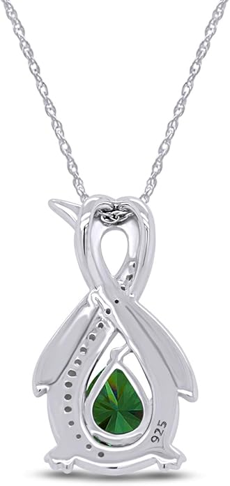 Infinity Penguin Pendant Necklace for Women, 14K Gold Over Sterling Silver with Pear & Round Cut Simulated Birthstone & White Diamond Accents, Dainty Animal Jewelry Gift with 18" Chain