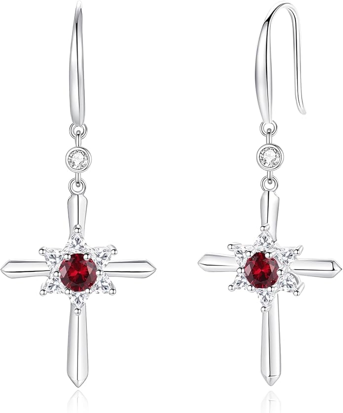 FANCIME Cross Dangle Drop Earrings 925 Sterling Silver Dainty Round Birthstone Earring Fine Jewelry Birthday Gifts for Her Women