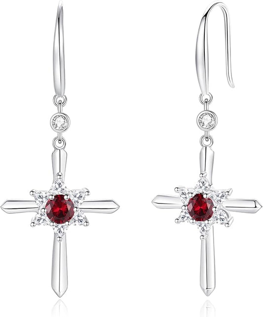 FANCIME Cross Dangle Drop Earrings 925 Sterling Silver Dainty Round Birthstone Earring Fine Jewelry Birthday Gifts for Her Women