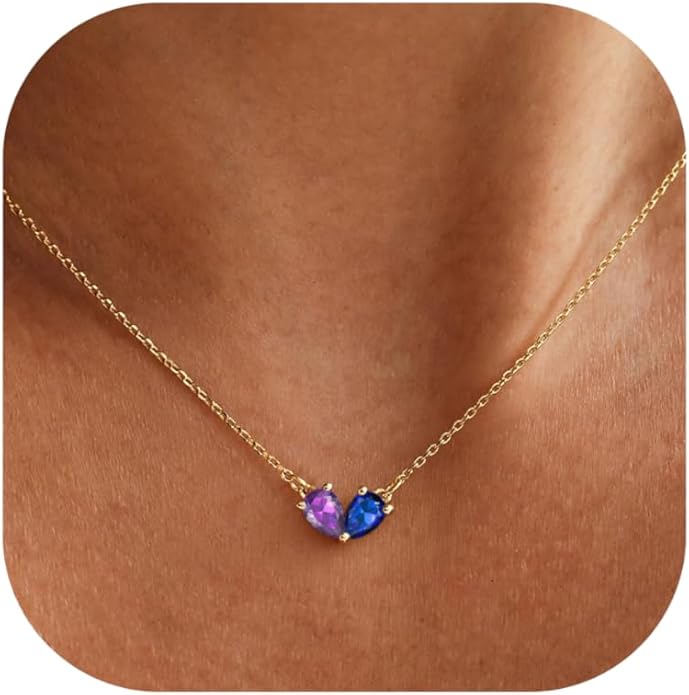 KOHOTA Gold Birthstone Necklace for Women Non Tarnish 14K Gold Plated CZ Heart Pendant Necklaces Dainty 2 Birthstones Emerald Green Charm Necklace for Mother and Daughter Birthday Jewelry Gifts