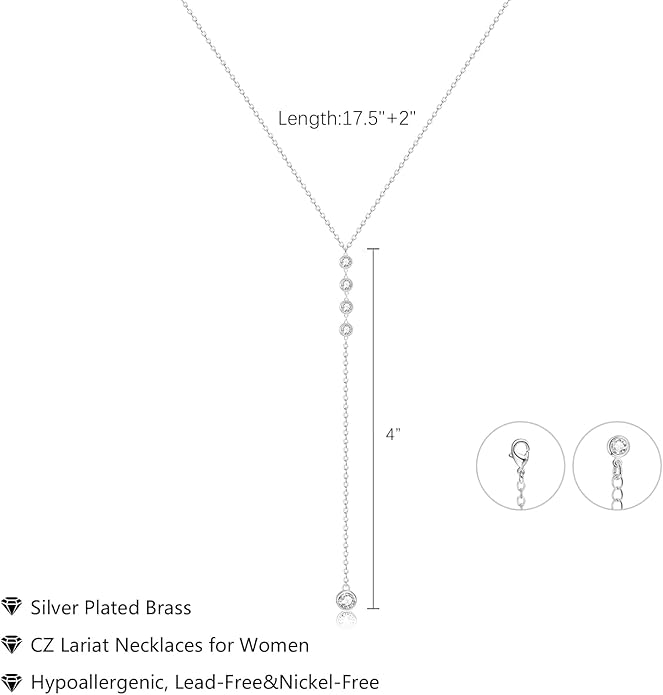 Lariat Silver/Gold Necklace for Women 925 Silver/14K Gold Plated Dainty Long Necklace Y-Shaped Drop Pendant Necklaces Choker Trendy Chain Simple Layered Necklaces CZ Jewelry for Women Set Gift