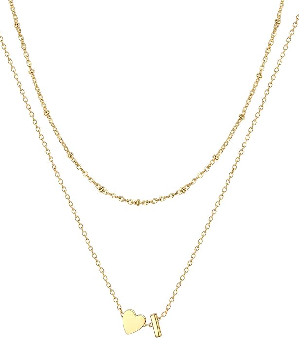 FOCALOOK Layered Initial Necklace for Women, 14K Gold Plated Choker Necklaces Stacks with Initial A-Z, Dainty Silver Heart Pendant Necklace Personalized Birthday Women Jewelry