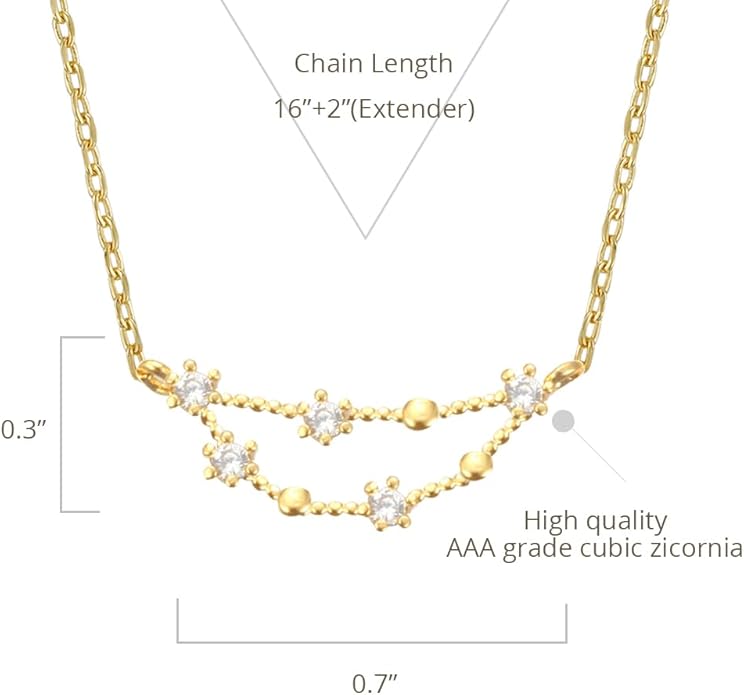 Zodiac 18K Gold Plated CZ Necklace With Message Card, Yellow Gold Color, Anchor Chain, Best Gift Necklace, Size 16 inch + 2 inch Extender, Pendant, Constellation, Gift Card