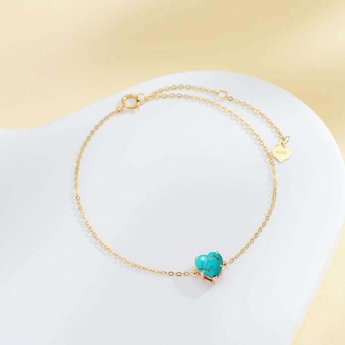 14k Gold Love Heart Gemstone Bracelet for Women,7MM Heart-cut Created Birthstone Anniversary Birthday Mother's Day Bracelets Jewelry for Mom Her 6.5''+2''