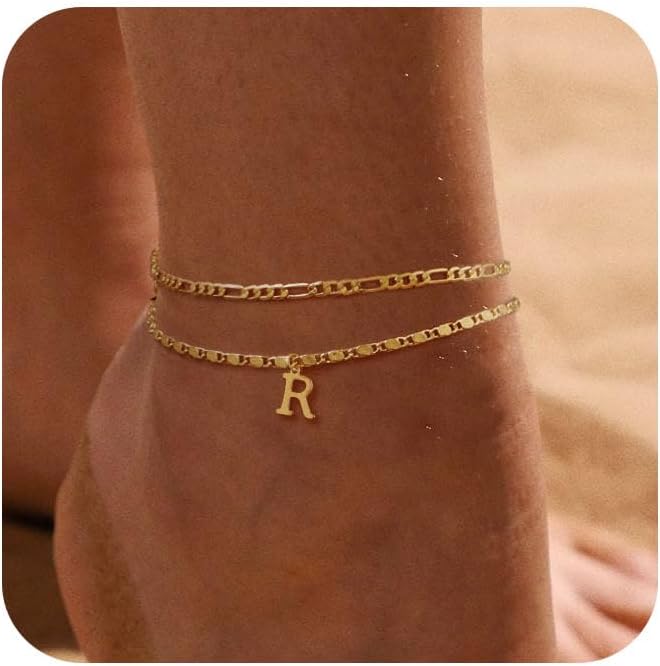 Tasiso Initial Ankle Bracelets for Women，Layered Waterproof Anklet for Women 14K Gold Filled Anklets Layering Thin Figaro Letter Anklet Summer Jewelry Gifts for Women