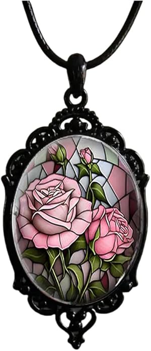 Gothic Rose Glass Necklace for Women Vintage Satan Demon Pendant Halloween Roses Necklaces Dark Punk Style Necklace Victoria Emboss Necklaces Mystic Witch Jewelry Gift Accessories