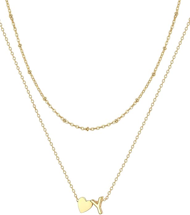 FOCALOOK Layered Initial Necklace for Women, 14K Gold Plated Choker Necklaces Stacks with Initial A-Z, Dainty Silver Heart Pendant Necklace Personalized Birthday Women Jewelry