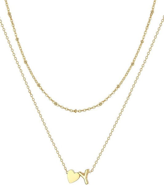 FOCALOOK Layered Initial Necklace for Women, 14K Gold Plated Choker Necklaces Stacks with Initial A-Z, Dainty Silver Heart Pendant Necklace Personalized Birthday Women Jewelry