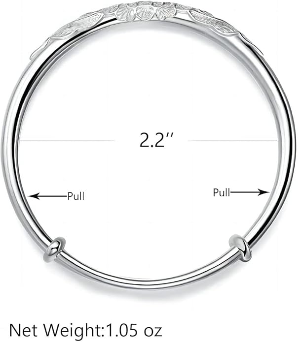 S925 Silver Bangle Bracelet for Women, Elegant Women‘s Sterling Silver Bracelet Bangle Adjustable 6.4-7.8 inches Small Size