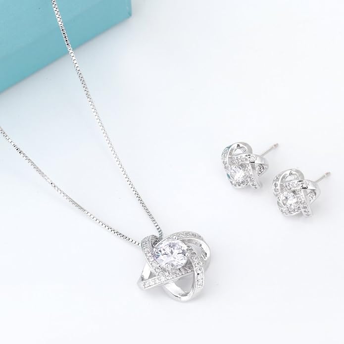 AMYJANE Bridal Jewelry Set for Women - Crystal Cubic Zirconia Love Knot Necklace Stud Earrings Elegant CZ Jewelry Set for Wedding Bride Bridesmaids Gift Set