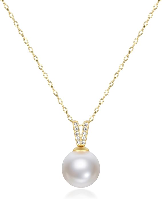 Mameloly Pearl Necklaces for Women Trendy 925 Sterling Silver Dainty V CZ Pendant 10MM/12MM Single Simulated White Pearl Choker Necklace for Women Wedding Cute Jewelry