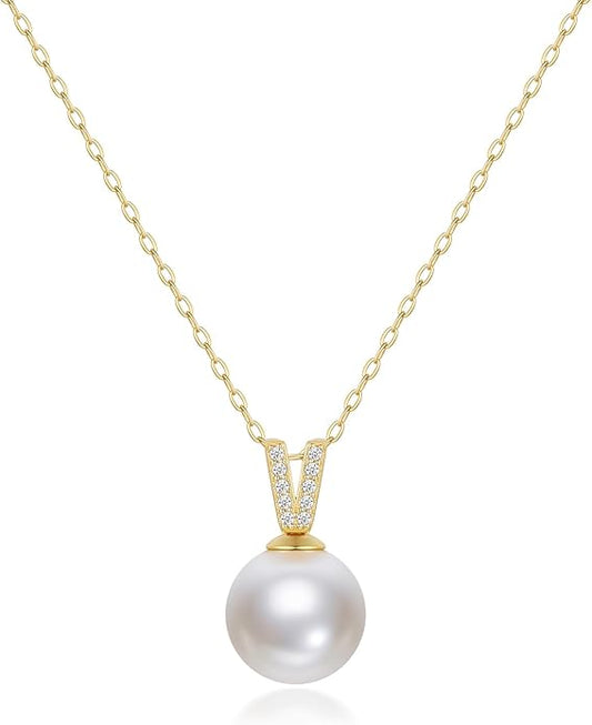 Mameloly Pearl Necklaces for Women Trendy 925 Sterling Silver Dainty V CZ Pendant 10MM/12MM Single Simulated White Pearl Choker Necklace for Women Wedding Cute Jewelry