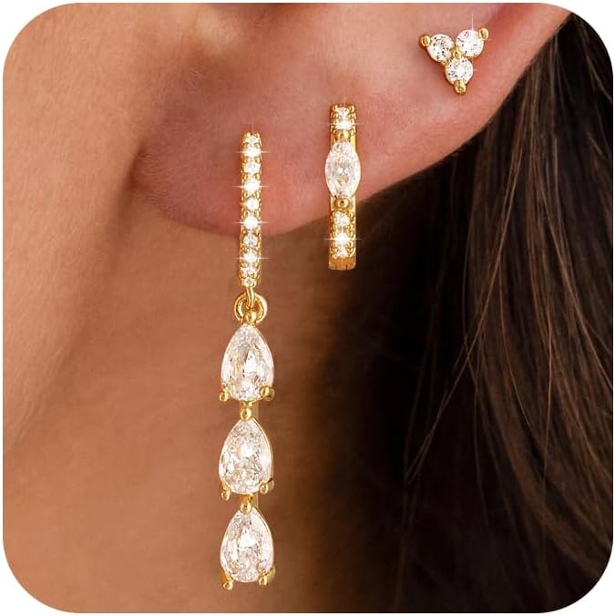 3 Pairs Earrings Set for Multiple Piercings, Gold Plated Studs Hoop Earrings Stack, CZ Dangle Earrings Set, Hypoallergenic for Sensitive Ears, Women's Gift