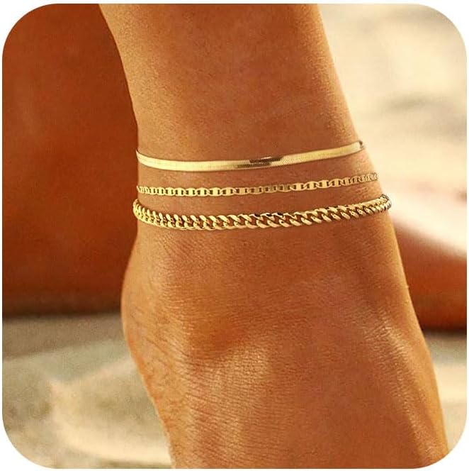 Gold Ankle Bracelets for women,14k Gold/Silver Plated Waterproof Layered lightweight Cuban Link Figaro Chain Heart anklet butterfly anklet Pearl Ankle Bracelets Set Gold Anklets for women Trendy Jewelry Gift for Women
