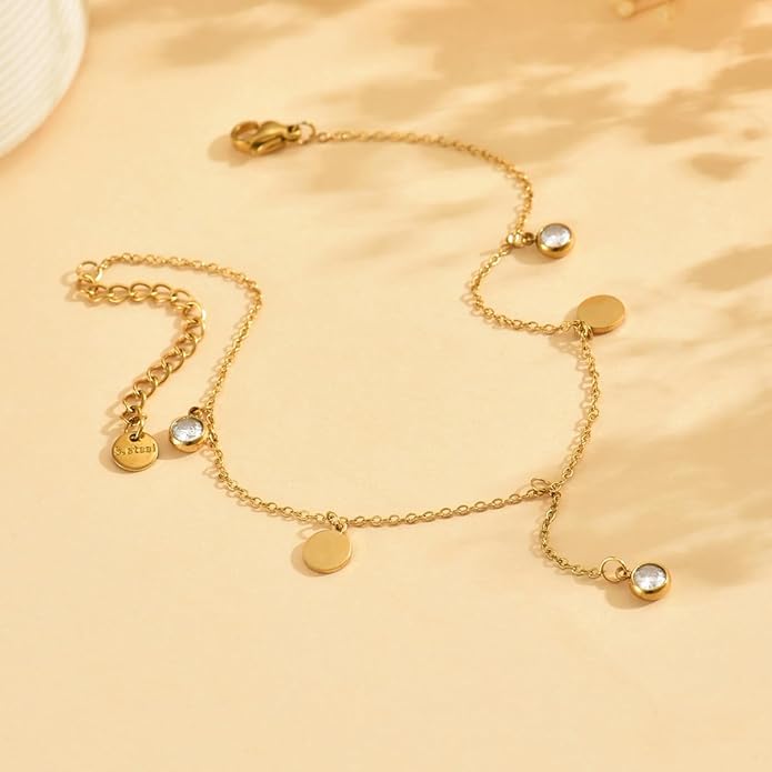 Anklet Bracelets for Women 18K Gold Plated Tennis Anklets Dainty Sapphire Paperclip Pearl Sequin Droplet Adjustable Large Anklet Bracelets Simple Beach Summer Waterproof Foot Jewelry