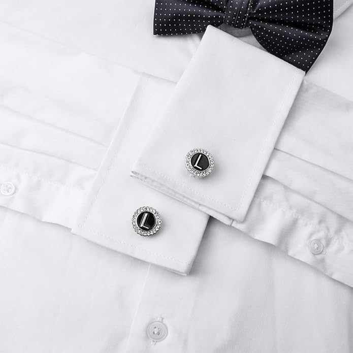 HAWSON A-Z Initial Cufflinks for Men and Women with Clear Crystal, Gold Silver Color Rasied Letter A-Z Cuff Links for French Shirt, Gift for Normal and Business Wearing
