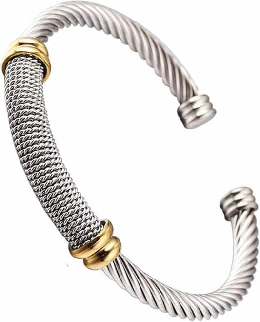 Twisted Cable Bangle Bracelet for Women Gold Plated Lightweight Adjustable Open Cuff Vintage Chunky Jewelry Gift for Her Mom Sister Birthday Christmas