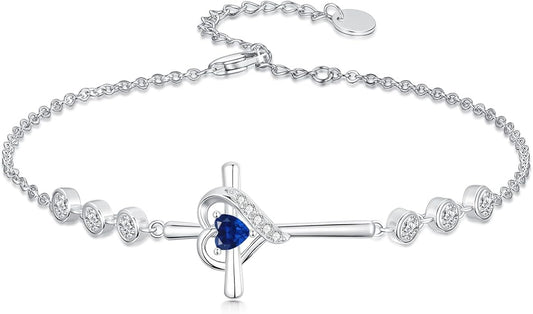 Cross Birthstone Charm Link Bracelet 925 Sterling Silver Cross Bracelet with 12 Months Birthstone Religious Christian Jewelry Gifts for Women Mom Her,Chain Length 7"+2" Extend