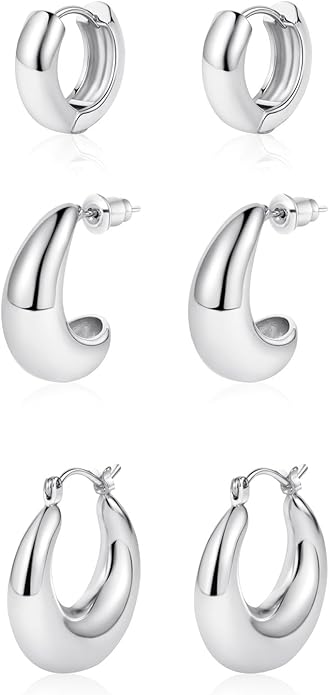 MIDEEO Gold/Sliver Chunky Hoop Earrings Set for Women, 14K Gold Plated Twisted Huggie Hoop Earring Hypoallergenic Thick Open Lightweight Chunky Hoop Earrings Jewelry for Gifts