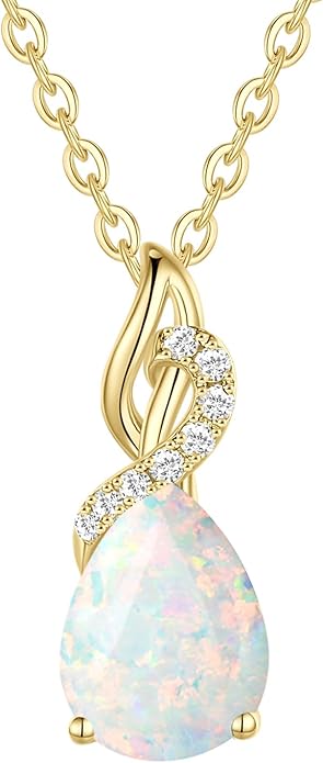 FANCIME 14K Solid Yellow Gold Teardrop Pendant with Diamond Birthstone Necklace Birthday Gifts for Mom Women, Sterling Silver Chain 16" + 2" Extender
