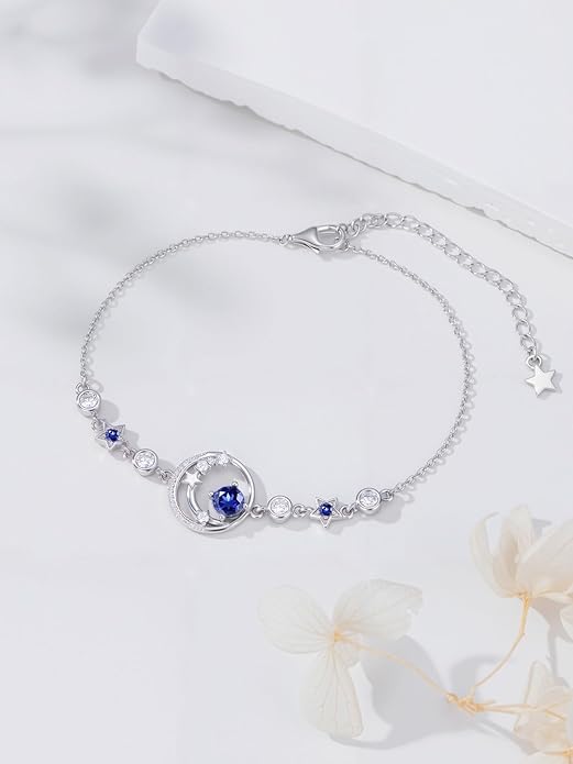 Moon and Star Birthstone Charm Link Bracelet 925 Sterling Silver Moon and Star Bracelet with 12 Months Birthstone Birthday Jewelry Gifts for Women Mom Her,Chain Length 7"+2" Extend