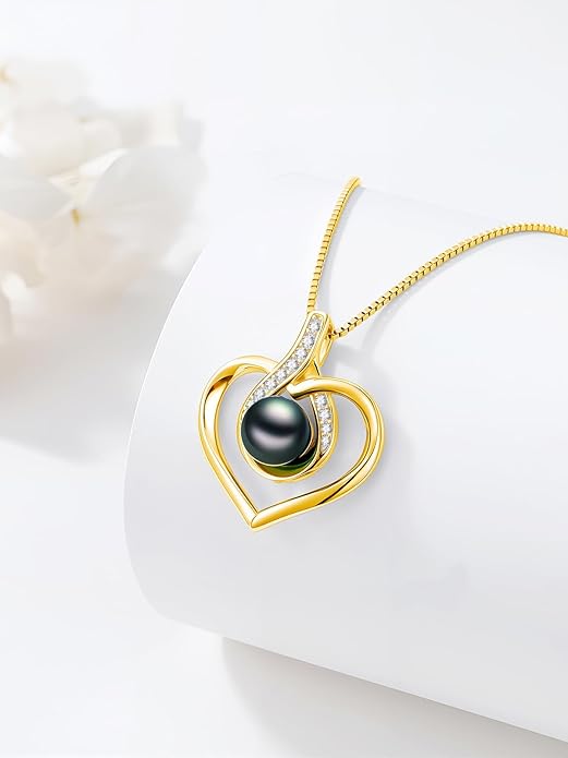 KANNSOAR Tahitian Black Pearl AAAA 18K White Gold Plated Sterling Silver Heart Pendant Necklace for Women Wife Mom Girlfriend Valentine Her Jewelry Gift for Anniversary Birthday Christmas