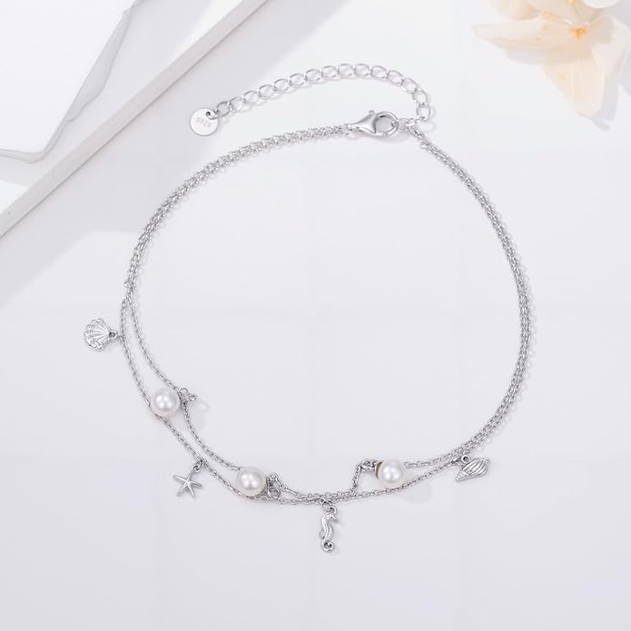 Genuine Pearl Anklets for Women 925 Sterling Silver Adjustable Layered Pearl Ankle Bracelets Foot Jewelry for Summer Beach