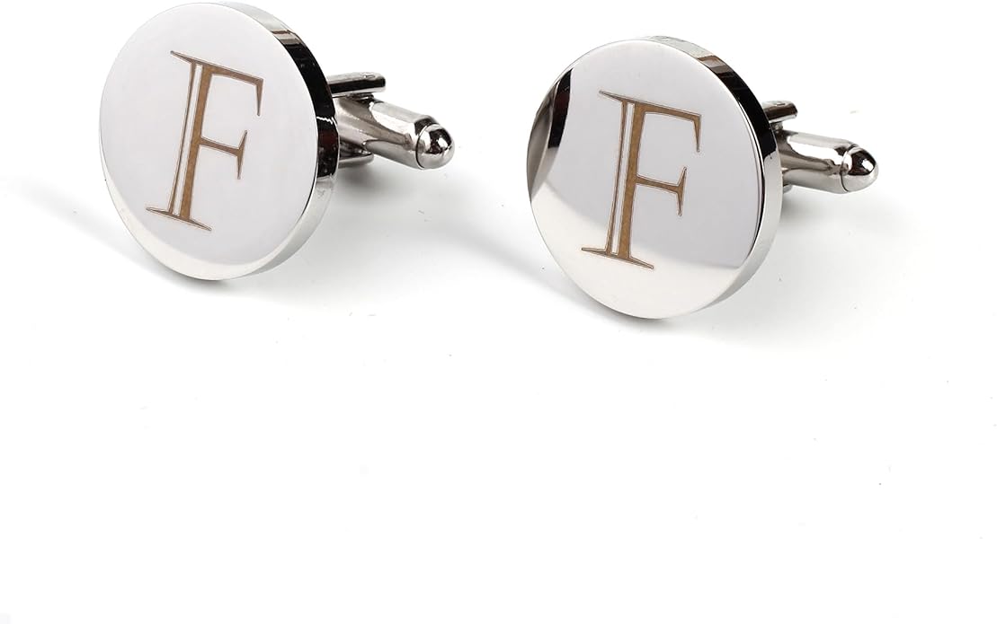 Mens Initial Silver Cufflinks A-Z Alphabet Letter Steel Cuff Links with Engraved Walnut Wood Box Groom Groomsman Wedding Set…