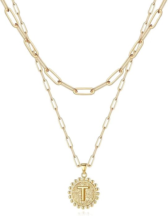 Ursteel Layered Initial Necklaces for Women, 14K-Gold-Plated Dainty Layering Paperclip Chain Necklaces for Women Jewelry
