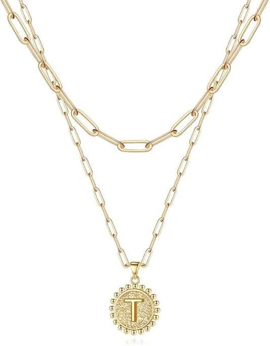 Ursteel Layered Initial Necklaces for Women, 14K-Gold-Plated Dainty Layering Paperclip Chain Necklaces for Women Jewelry