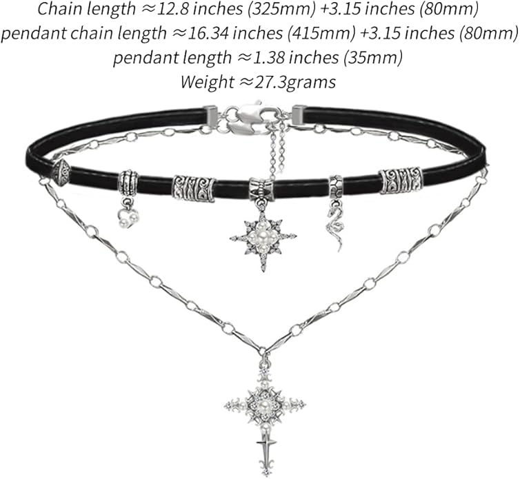 Retro stylish Star Cross Pendant Necklace Faux Leather Women's Collar Personalized Double Layer Necklace M2592