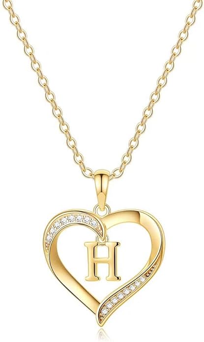 Heart Initial Necklace for Women, 14K Gold Plated Cubic Zirconia Heart Pendant Necklace, Dainty Initial Charm Necklace Letter A to Z Initial Jewelry for Women Girls