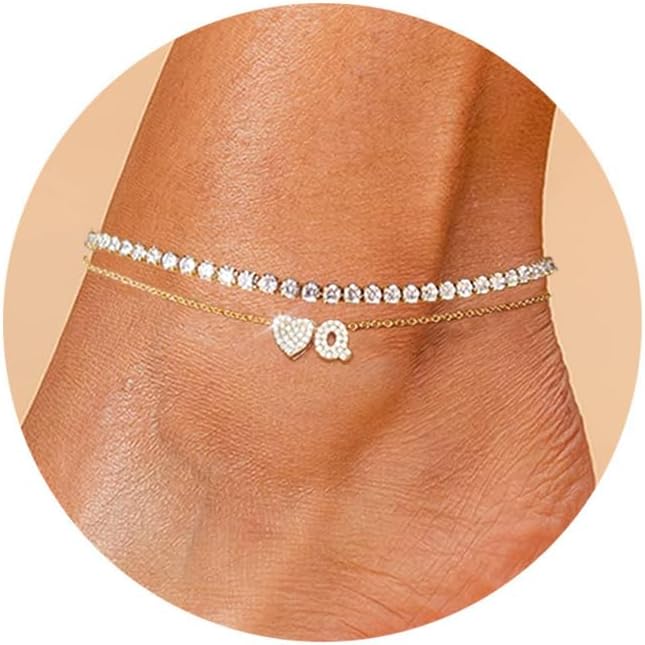 Gold Initial Ankle Bracelets for Women 14K Gold Plated CZ heart Tennis Anklets for Women Waterproof Adjustable Initial Anklets Large Ankle Summer Beach Foot Jewelry