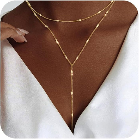 Lariat Gold Necklace for Women Trendy Dainty 14k Gold Plated/Silver Layered Chain Drop Necklaces Y-Shaped Necklace Jewelry for Women Gifts