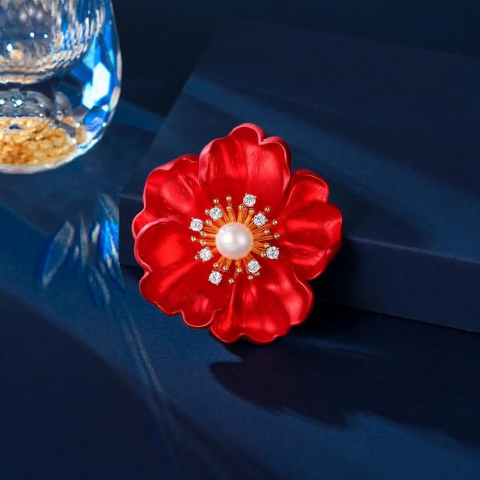14K Gold Peony Flower Brooch with Freshwater Pearls - Elegant Red Rose Inspired Pin, Ideal for Formal & Bridal Wear, Unique Gift for Her