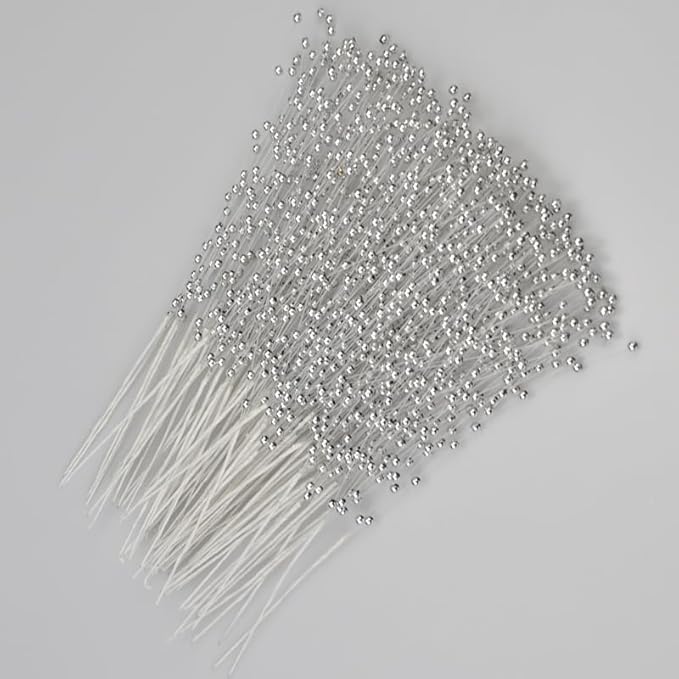 100 Pieces String Pearls Sticks, BetterJonny 3mm Beads String Creative Pearl Flower Stem Bead Sticks Pearl Beaded Stems DIY Floral Bead Strands for Party Decoration (Silver)
