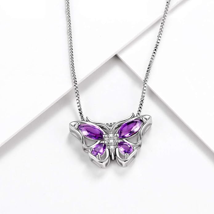 Aurora Tears Butterfly Birthstone Pendant Necklace - Women 925 Sterling Silver Butterflies Birthstone Pendant Necklace Jewelry Birthday Gift for Women