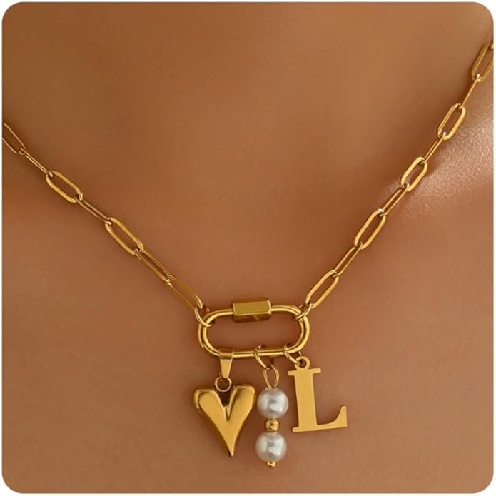 Gold Heart Initial Necklaces for Women 18K Gold Plated Dainty Pearl Letter Necklace Personalized Monogram Name A-Z Pendant Everyday Jewelry for Women
