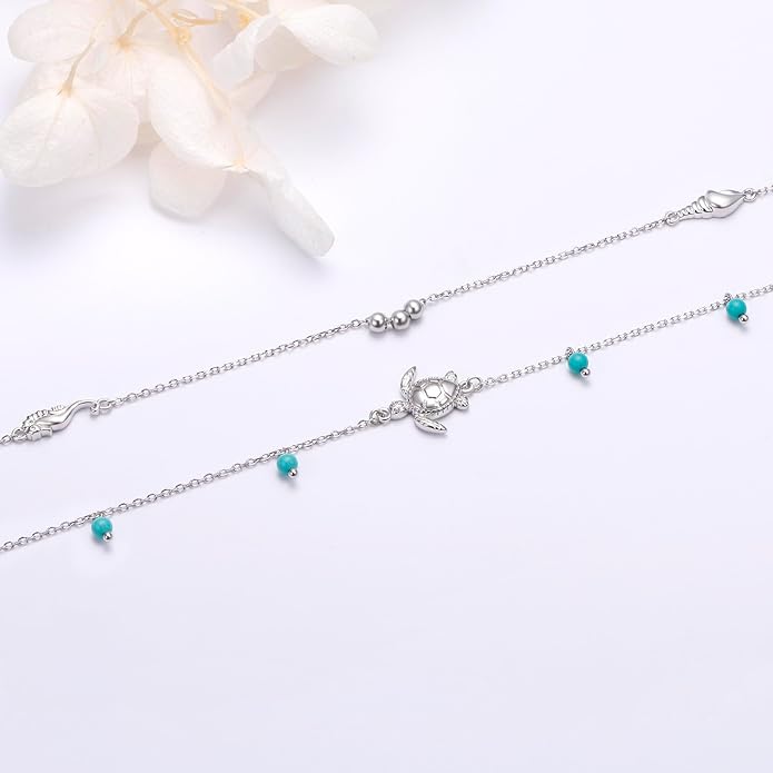 FLYOW Anklet for Women S925 Sterling Silver Adjustable Foot Beaded Heart Charm Ankle Bracelet Anklets Jewelry