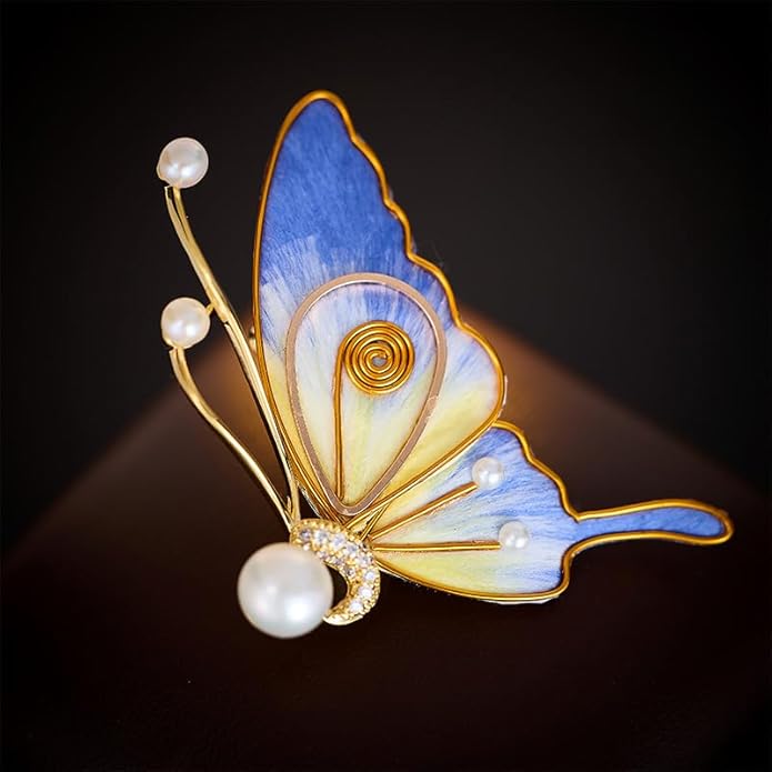 14K Gold Luxury Butterfly Brooch Sparkling Moissanite Accents & Enamel Painted Details, Retro Chic for Cheongsam, Coats & Formal Attire