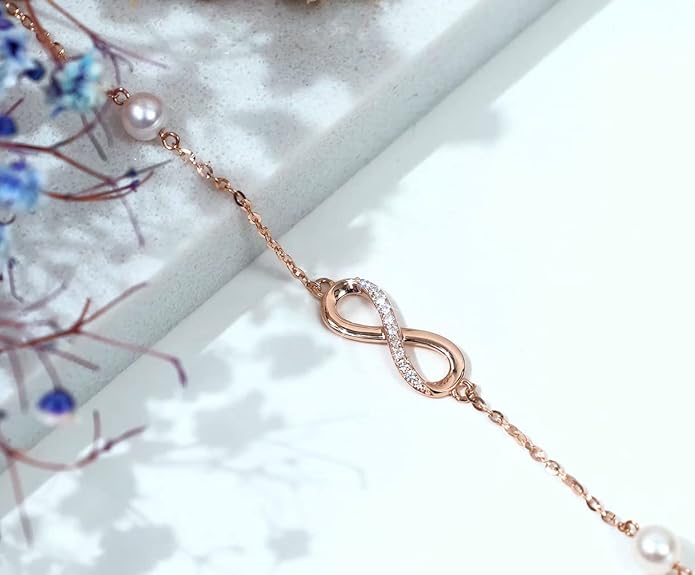 14k Gold Natural Diamond Infinity Anklets for Women, Real Gold Pearl Jewelry Ankle Bracelet Gifts for Her, 9.4-11 Inch
