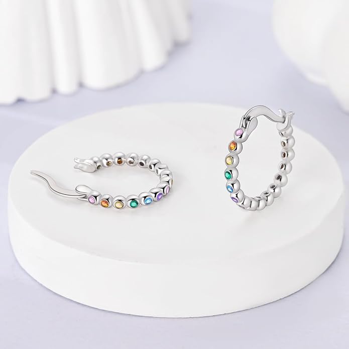 NARMO 925 Sterling Silver Hoop Earrings for Women Hypoallergenic Lightweight Simple Huggie Hoop Earrings Twisted Hoop Earrings Colorful Cubic Zirconia Hoop Earrings Rainbow Hoop Earrings