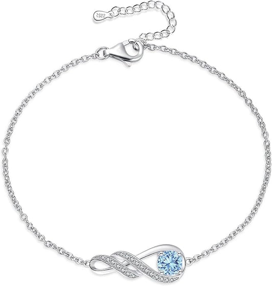Birthstone Bracelets for Women 925 Sterling Silver Created Gemstone Bracelet Infinity Pendant Jewelry for Her, 6.7"+1.2"